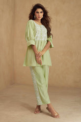 Light Green Floral Embroidered Rayon Co-Ord Set – Chic & Comfortable Everyday Wear