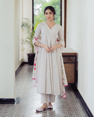 Canvas Grey Handpainted Cotton Suit Set