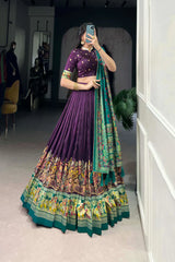 Elegant Tussar Silk Lehenga with Printed Foil Work and Gotta Patti Lace Dupatta
