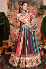 Digital Print Multicolor Real Mirror Work Chaniya Choli For Garba