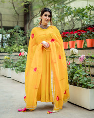 Yellow Cotton Suit Set with Handpainted Organza Dupatta