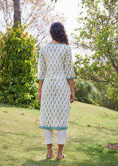 Upasana Kurta in Cream & Green with Fine Block Print