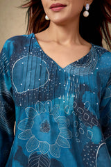 Teal Floral Print Muslin Suit with Sequins Detail – Top & Bottom