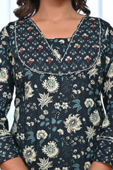 Dark Teal Blue Floral Printed Salwar Suit Adorned With Delicate Sequin Work On Pure Cotton