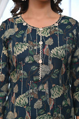 Dark Teal Blue Rayon Salwar Suit With Blooming Floral Print & Elegant Mirror Thread Work