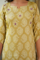 Dazzling Mustard Printed Rayon Straight Salwar Suit With Delicate Floral Sequins Embroidery Work