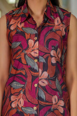 Maroon Floral Print Viscose Blend Co-Ord Set with Shirt Collar – Elegant Casual & Office Wear