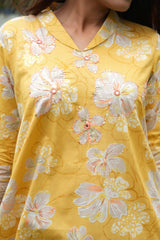 Yellow Pure Cotton Co-Ord Set with Floral Handwork – Elegant Festive Wear