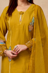 Mustard Floral Patch Work Embroidered Chanderi Straight Salwar Suit