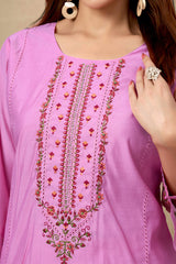 Pink Floral Embroidered Straight Salwar Suit Made of Chanderi Silk.