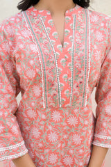 Gajari Pink Pure Cotton Straight Salwar Suit Adorned With Delicate Floral Prints & Embroidery Work