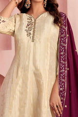 Embroidered Off White Salwar Suit in Pure Viscose with Shimmering Beads Highlights