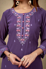 Wine Embroidered Straight Salwar Suit in Heavy Viscose Georgette