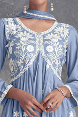 Sky Blue Rayon Salwar Suit Featuring Beautiful Floral Embroidery