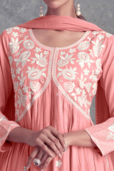 Floral Embroidered Peach Rayon A-Line Salwar Suit