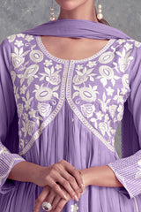 Floral Embroidered Lavender Rayon A-Line Salwar Suit