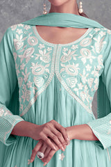 Floral Embroidered Mint Green Rayon A-Line Salwar Suit