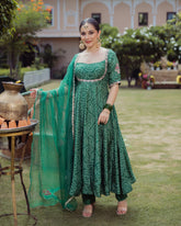 Dark Green Bandhani Chanderi Suit Set