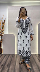 Muslin Chikankari Kurti Pant Set
