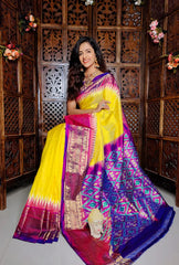 Yellow & Purple ikkat Printed handloom Soft Silk Saree