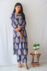 Navy Blossom V-Neck Suit Set