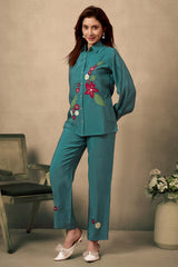 Dark Teal Chanderi Silk Co-Ord Set with Floral Patchwork & Stone Embellishments – Elegant Occasion Wear