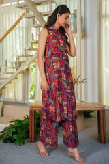 Maroon Floral Print Viscose Blend Co-Ord Set with Shirt Collar – Elegant Casual & Office Wear