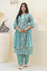 Sea Green Floral Printed With Embroidery Work Cotton Blend Straight Salwar Suit