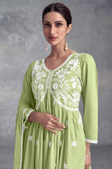 Pista Green Rayon Salwar Suit Featuring Beautiful Floral Embroidery