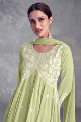 Floral Embroidered Pista Green Rayon A-Line Salwar Suit