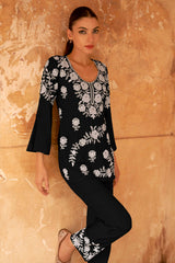 Black Floral Embroidered Rayon Co-Ord Set – Chic & Comfortable Everyday Wear