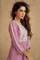 Pink Floral Embroidered Rayon Co-Ord Set – Stylish & Comfortable Party Wear