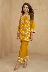 Mustard Floral Embroidered Rayon Co-Ord Set – Elegant & Comfortable Everyday Wear