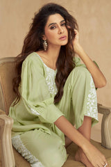 Light Green Floral Embroidered Rayon Co-Ord Set – Chic & Comfortable Everyday Wear