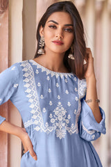 Sky Blue Floral Embroidered Rayon Co-Ord Set – Top & Bottom