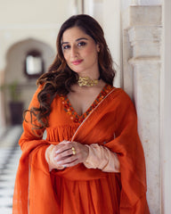 Drape Orange Ombre Embroidered Chanderi Suit Set