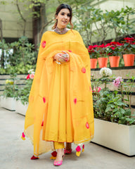 Yellow Cotton Suit Set with Handpainted Organza Dupatta