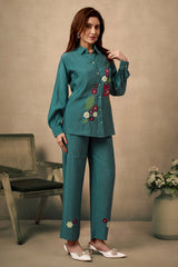 Dark Teal Chanderi Silk Co-Ord Set with Floral Patchwork & Stone Embellishments – Elegant Occasion Wear
