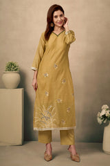 Mustard Chanderi Cotton Jamdani Salwar Suit with Floral Embroidery