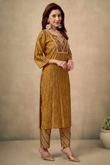 Mustard Bandhani Chanderi Silk Salwar Suit With Embroidered Neckline