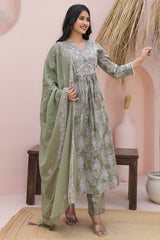 Olive Printed and Embroidered Pure Cotton Salwar Suit in Flattering A-Line Cut