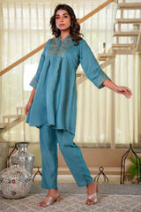 Sea Green Floral Embroidered Viscose Co-Ord Set – Top & Bottom