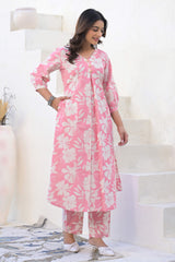 Light Pink Floral Print Cotton Flex Co-Ord Set – Elegant & Comfortable Daily Wear