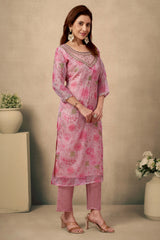 Light Peach Floral Print With Zari Weaving Work Organza Straight Salwar Suit