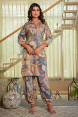 Grey Floral Print Rayon Co-Ord Set with Shirt Collar – Stylish & Comfortable Daily Wear