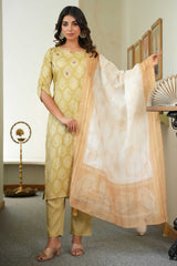 Dazzling Mustard Printed Rayon Straight Salwar Suit With Delicate Floral Sequins Embroidery Work