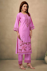 Pink Floral Embroidered Straight Salwar Suit Made of Chanderi Silk.