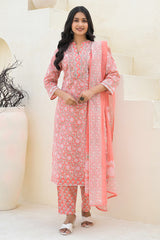Gajari Pink Pure Cotton Straight Salwar Suit Adorned With Delicate Floral Prints & Embroidery Work
