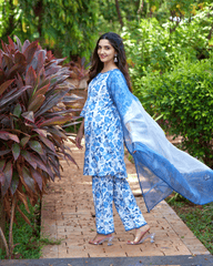 Fresh Blue Printed Cotton Suit Set