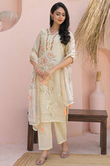 Powder Yellow Cotton Linen Salwar Suit with Printed Blooms and Delicate Embroidery Highlights
